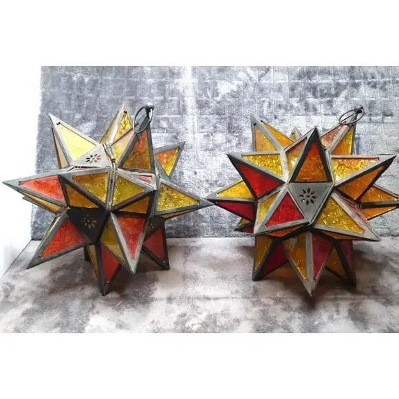 Moroccan Moravian Stained Glass 14" Star Hanging Tealight Candle Holder 2PC Set - Picture 2 of 10